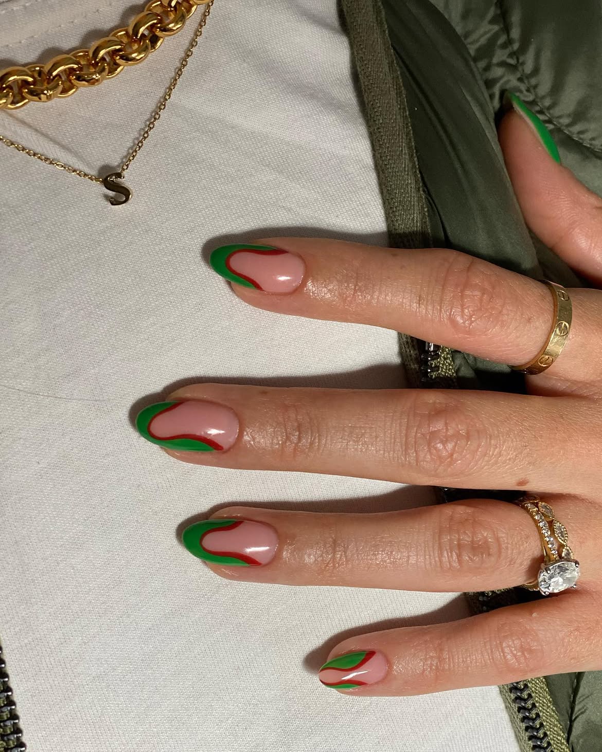 Green and Red Swirl French Tips