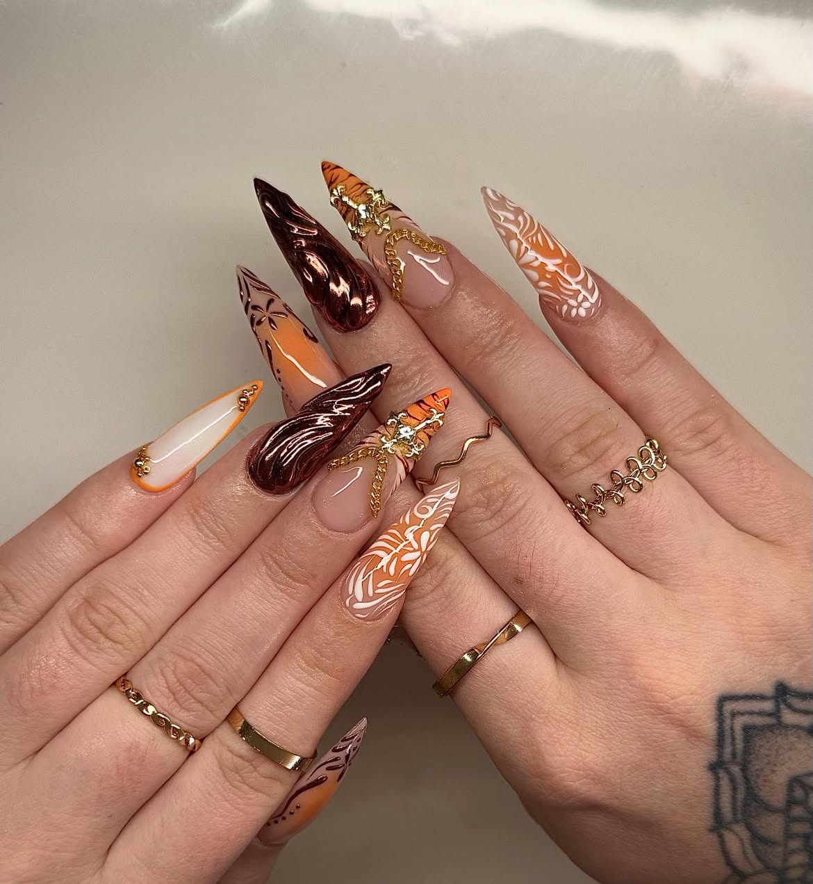 Harvest Swirls & Metallic Flames Stiletto Nails