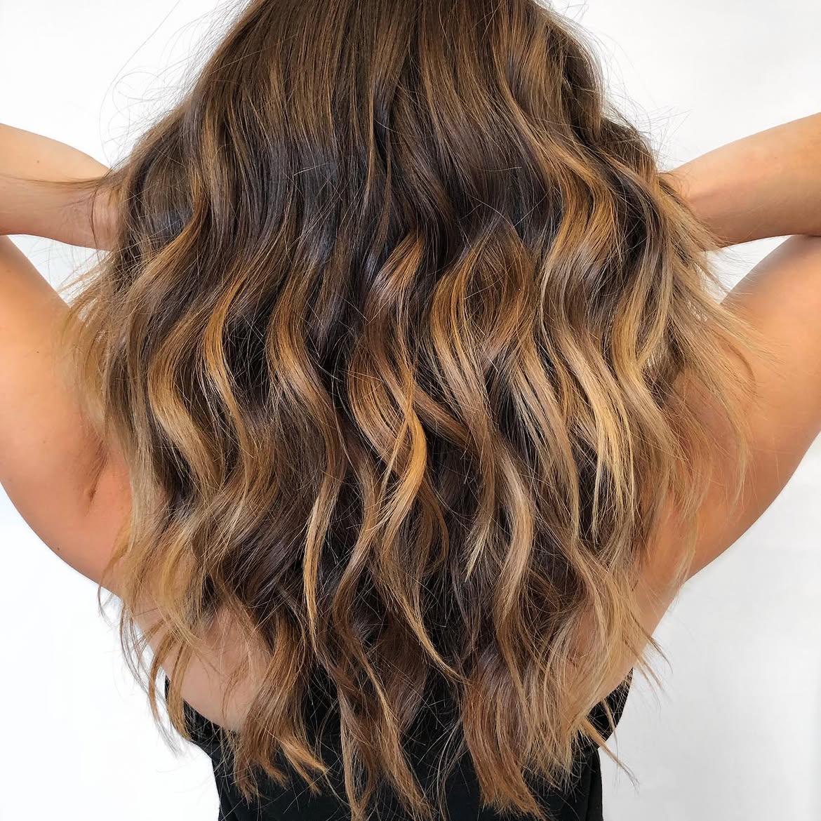 Honey Blonde Balayage On Long Wavy Brunette