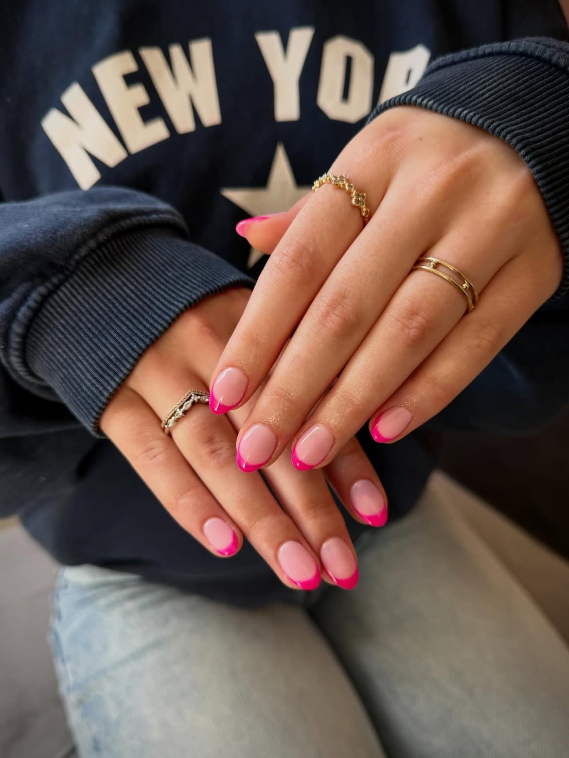 Hot Pink French Tip Almond Nails