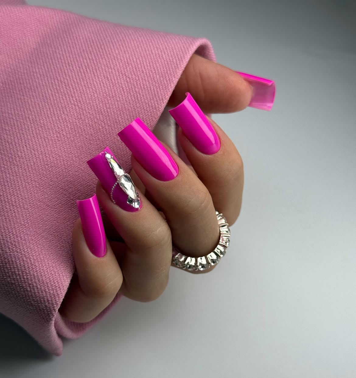 Hot Pink Gem Accented Long Square Nails