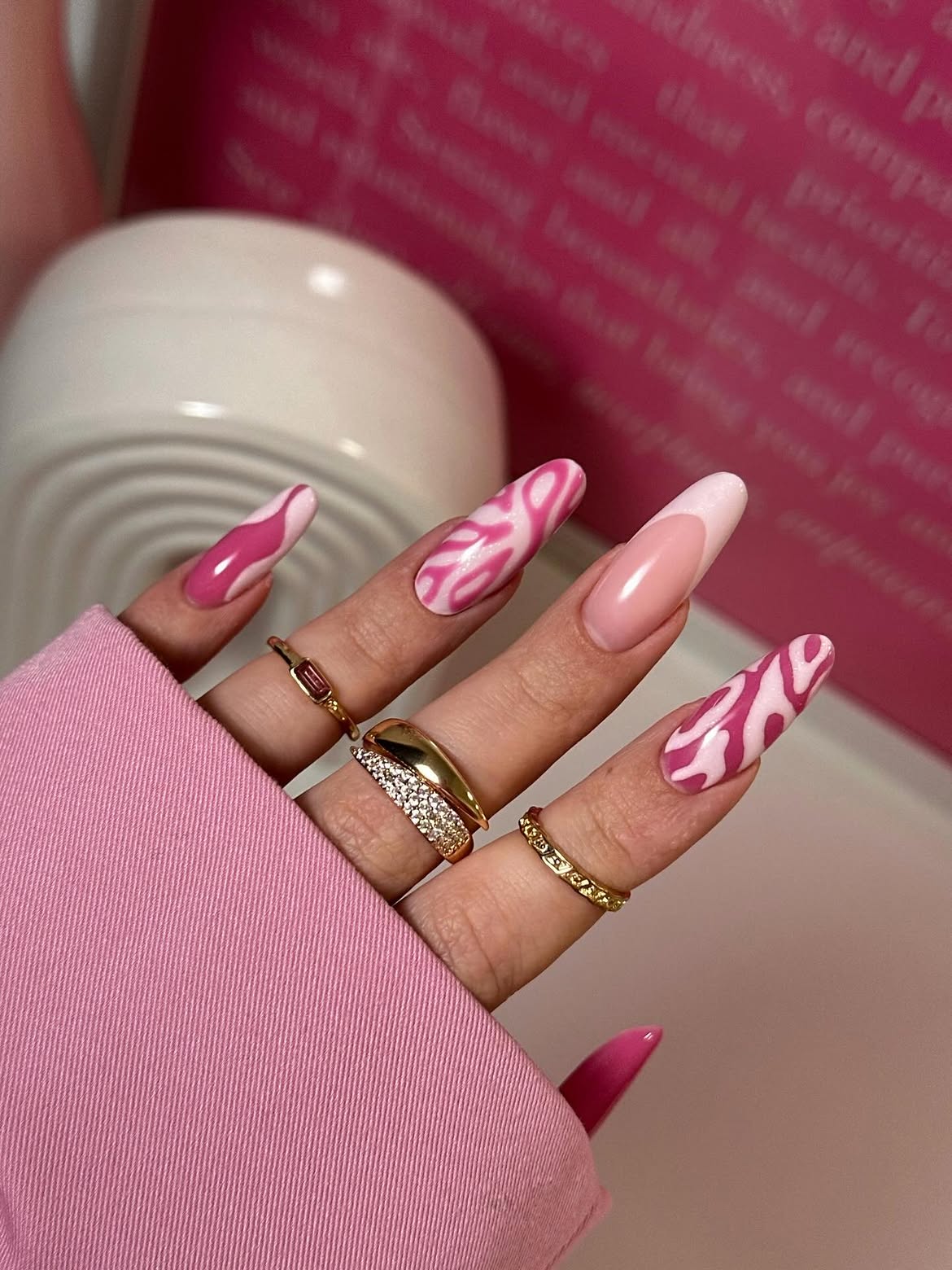 Hot Pink Swirl French Tip Coffin Nails