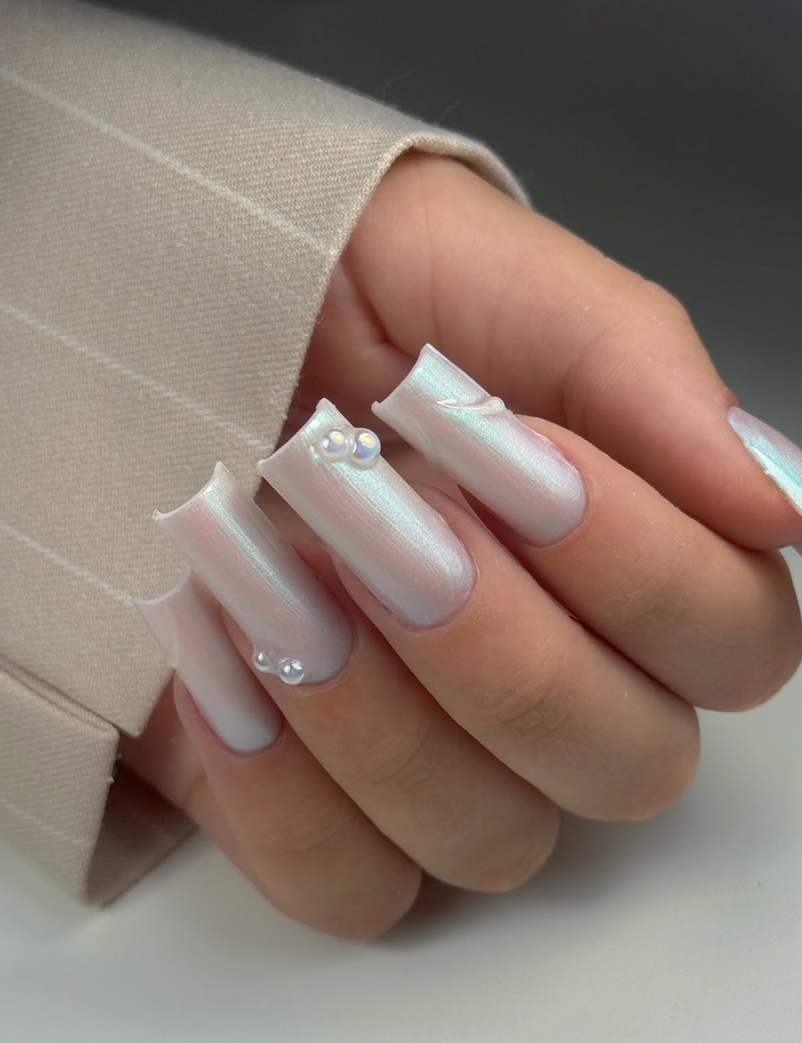 Iridescent Pearl French Tip Square Nails