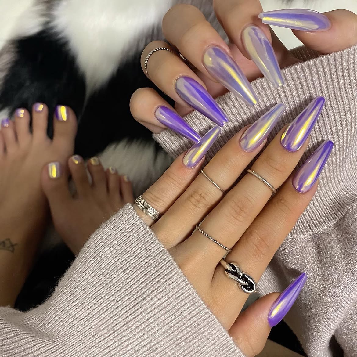 Iridescent Purple Chrome Stiletto Nails