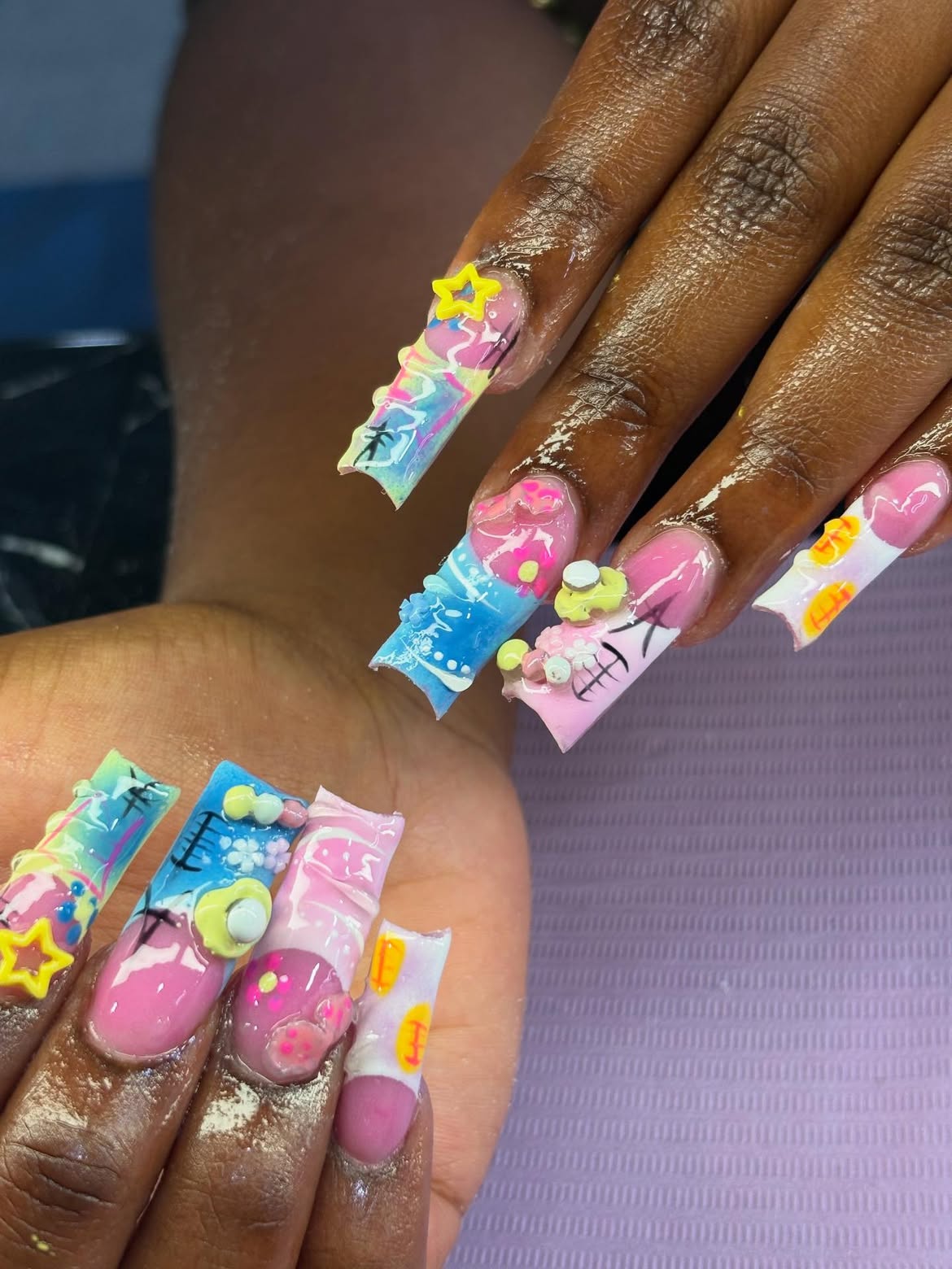 Kawaii Cartoon Charms Long Coffin Nails