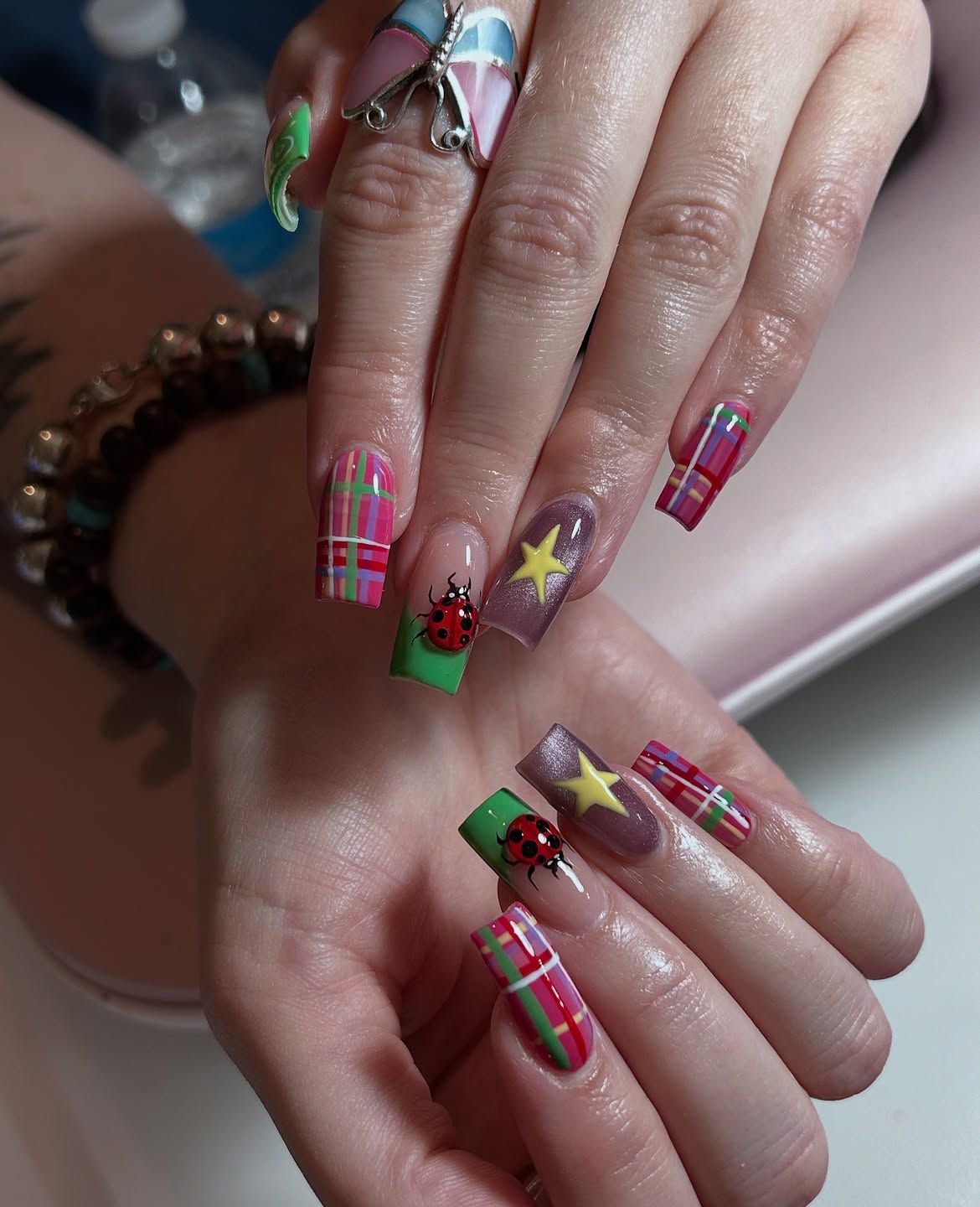 Ladybug Plaid & Star Square Nails