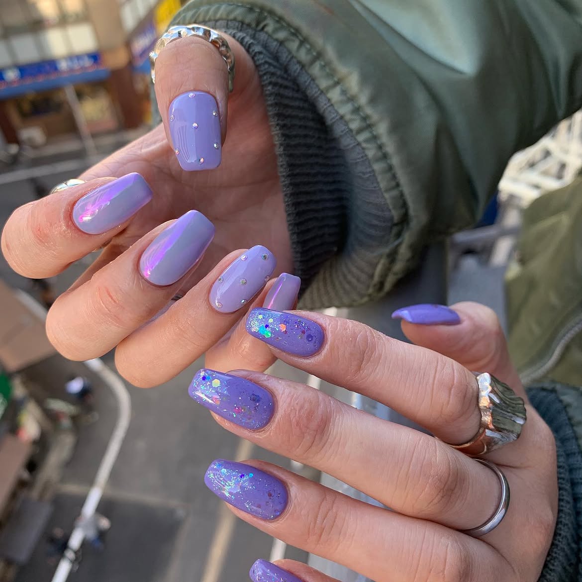 Lavender Aura French Tips with Glitter Accents