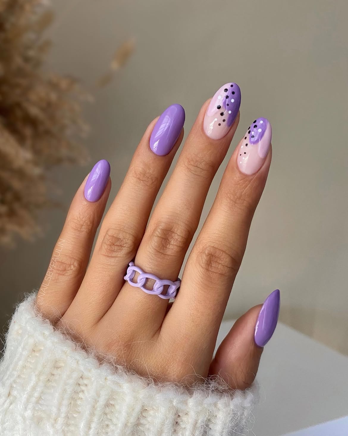 Lavender Purple Oval Nails with Abstract Dots