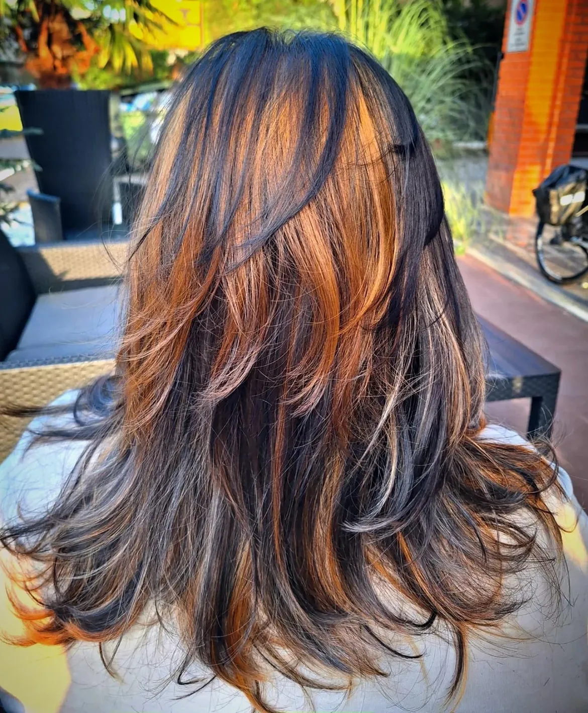 Layered Lob With Warm Copper Balayage Strands