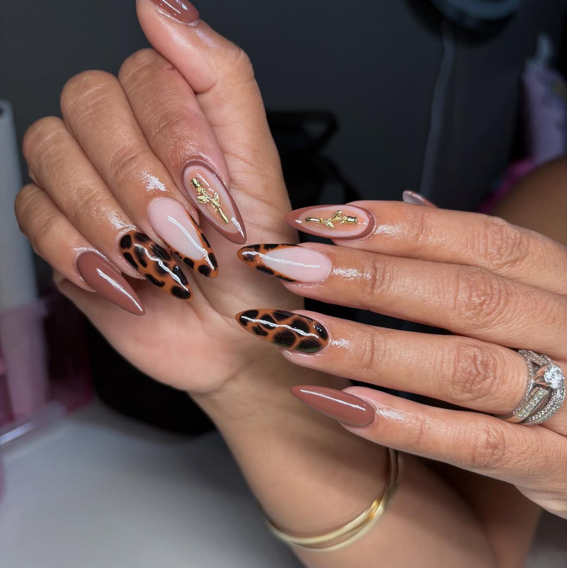 Leopard Print Almond Nails with Gold Rose Charm