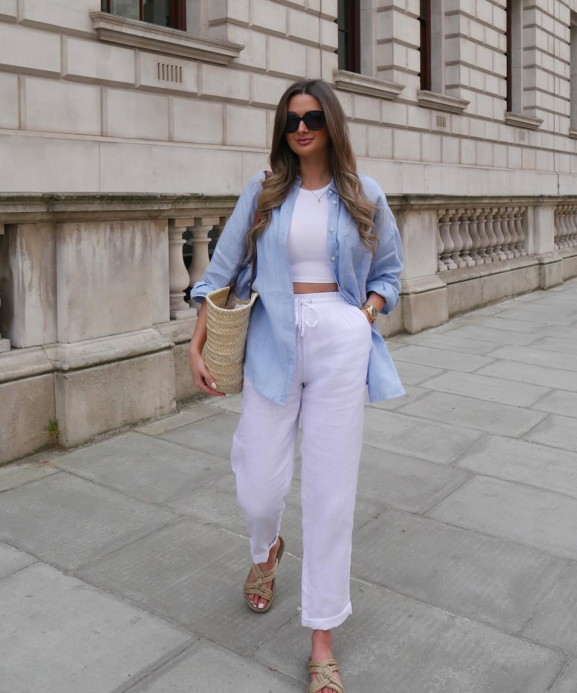 Light Blue Linen Shirt Over White Crop Top
