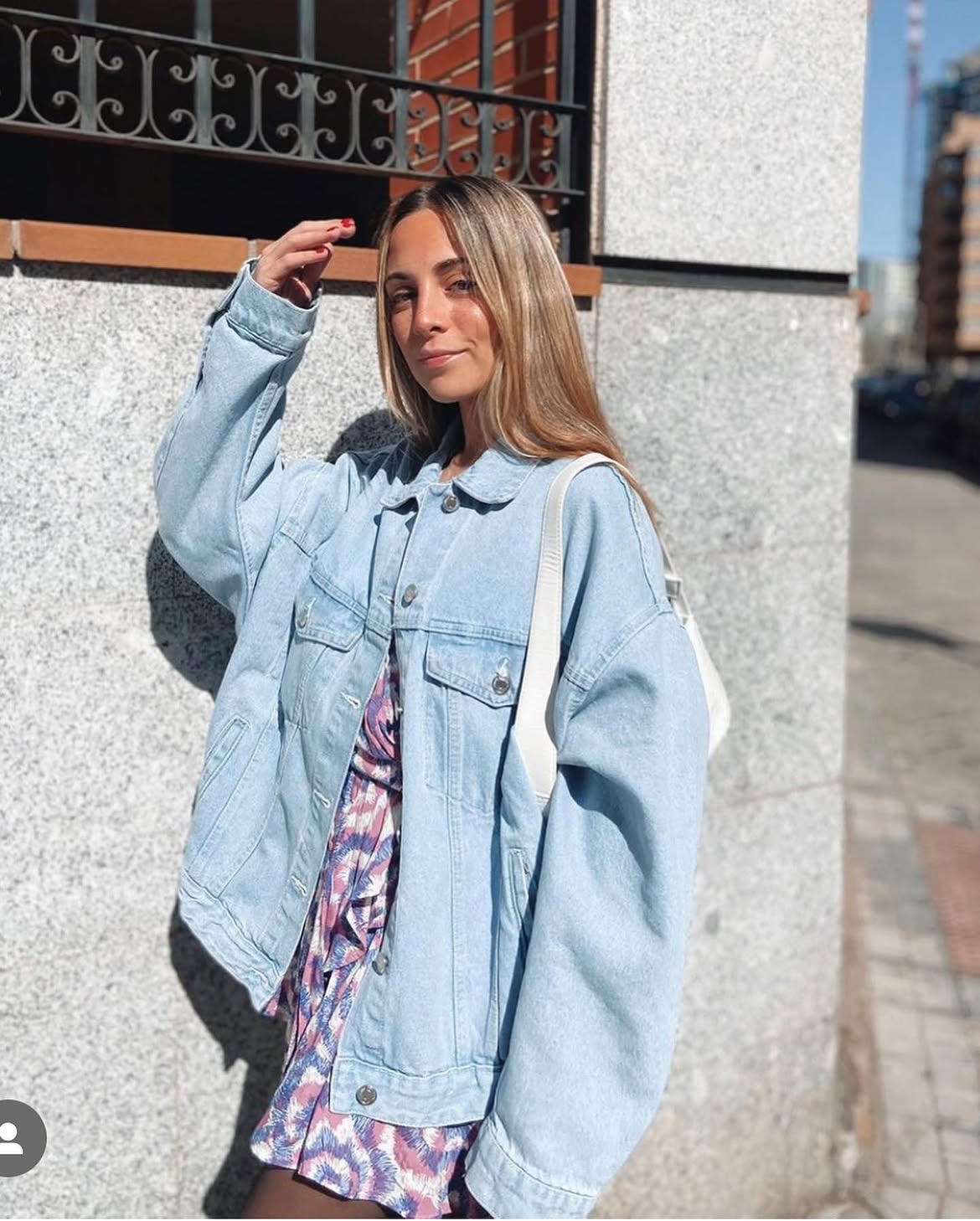 Light Wash Denim Jacket With Printed Mini Dress