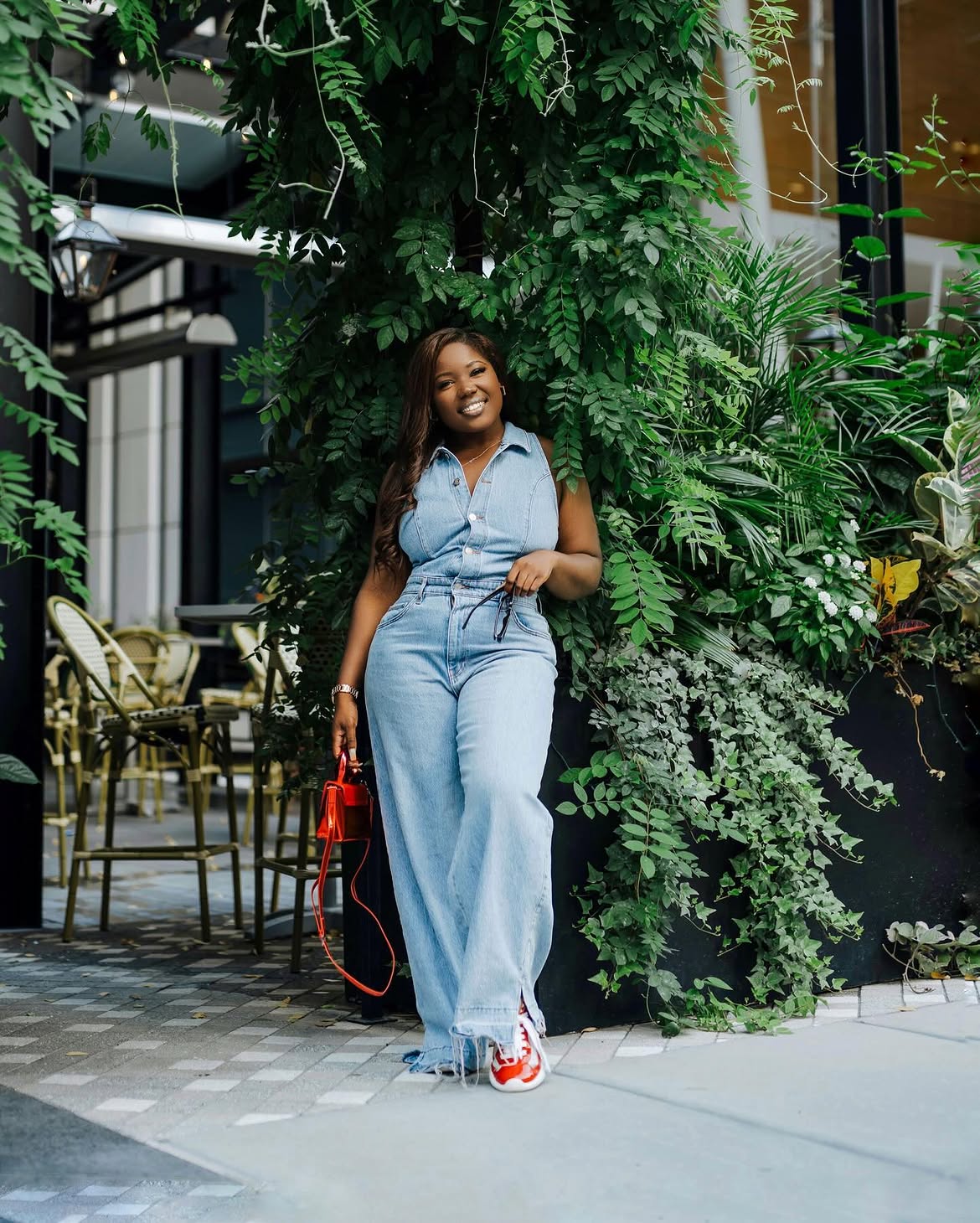 Light Wash Denim Jumpsuit With Red Accents