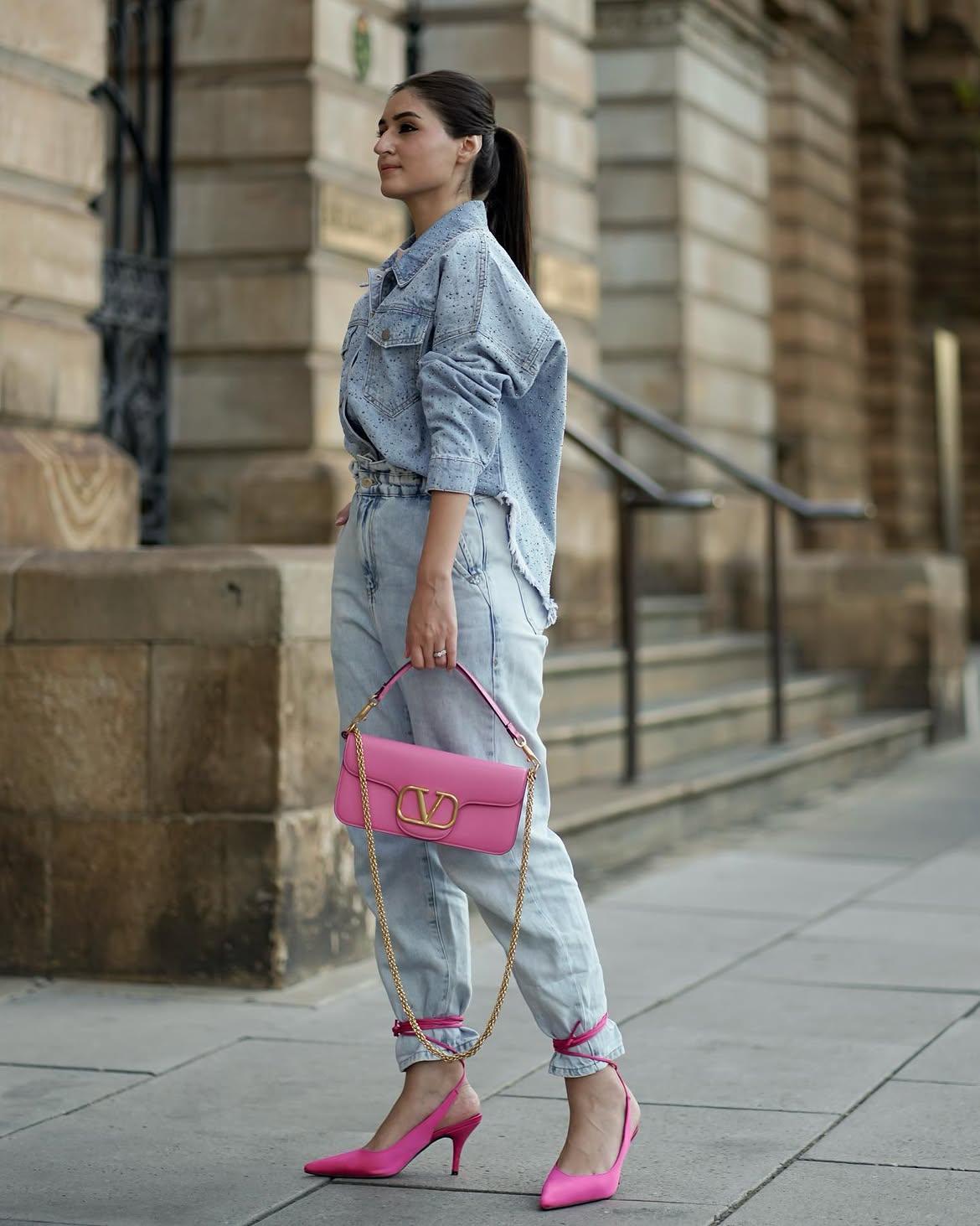 Light Wash Denim On Denim With Pink Accents