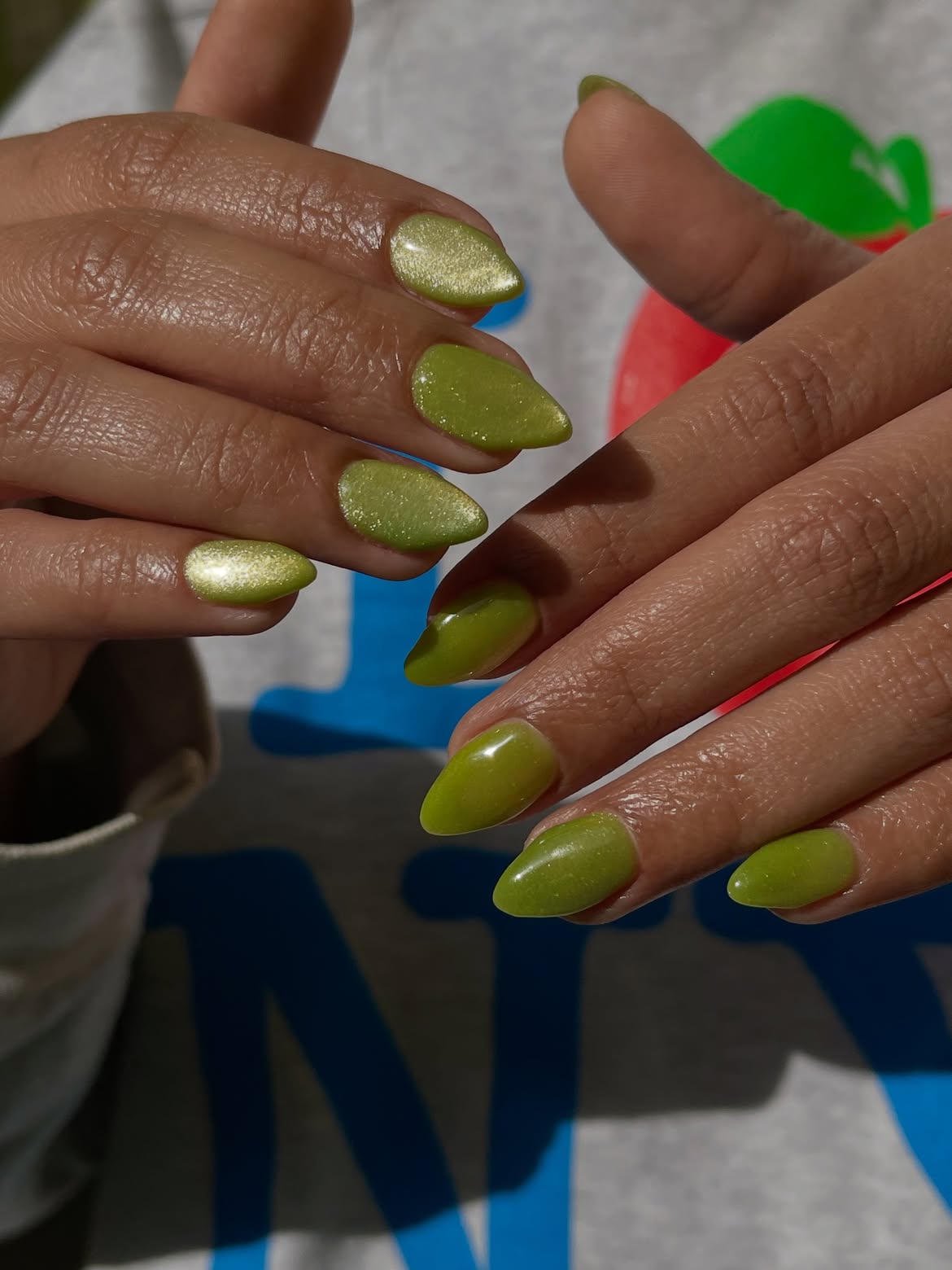 Lime Green Shimmer Almond Shape Nails