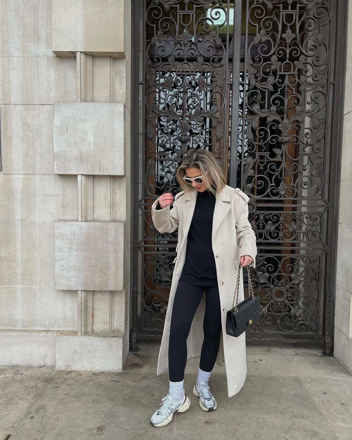 Longline Coat Over Black Leggings Outfit