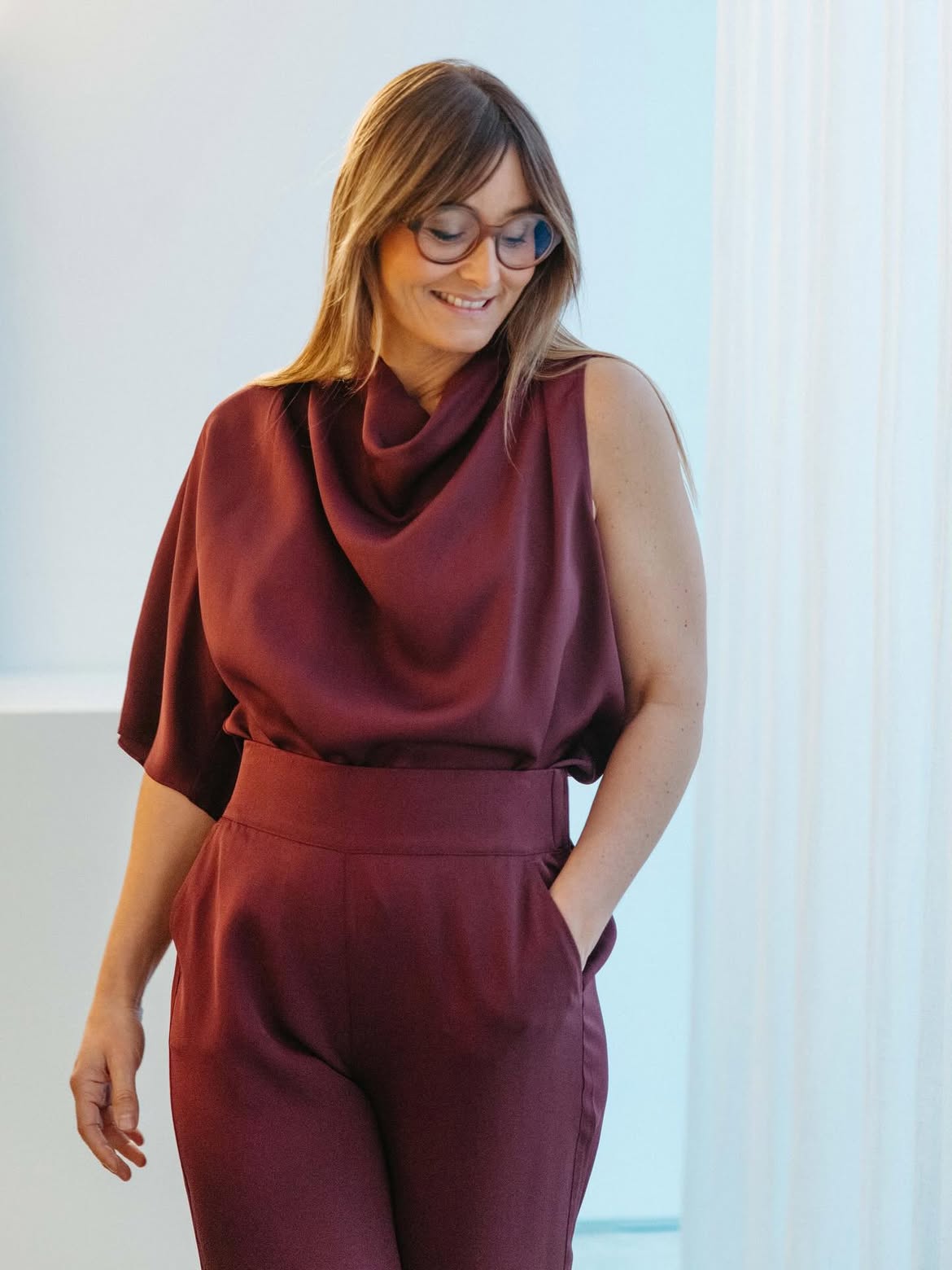 Maroon Drape Top and High-Waisted Trouser Set