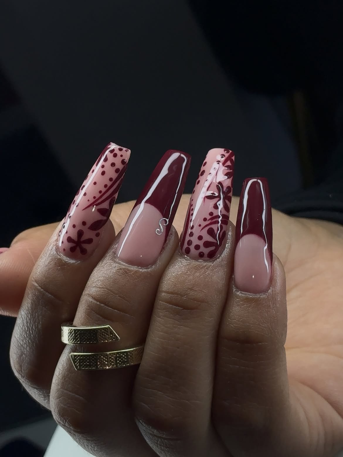 Maroon Floral French Coffin Nails