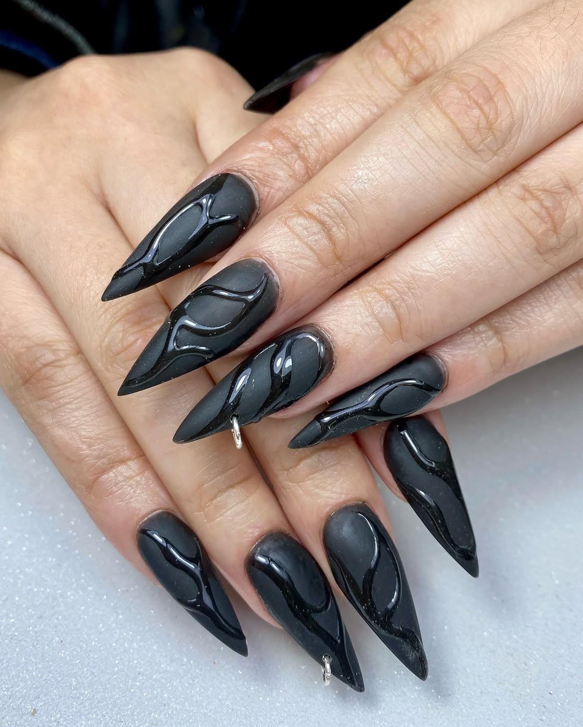 Matte Black 3D Flame Stiletto Nails