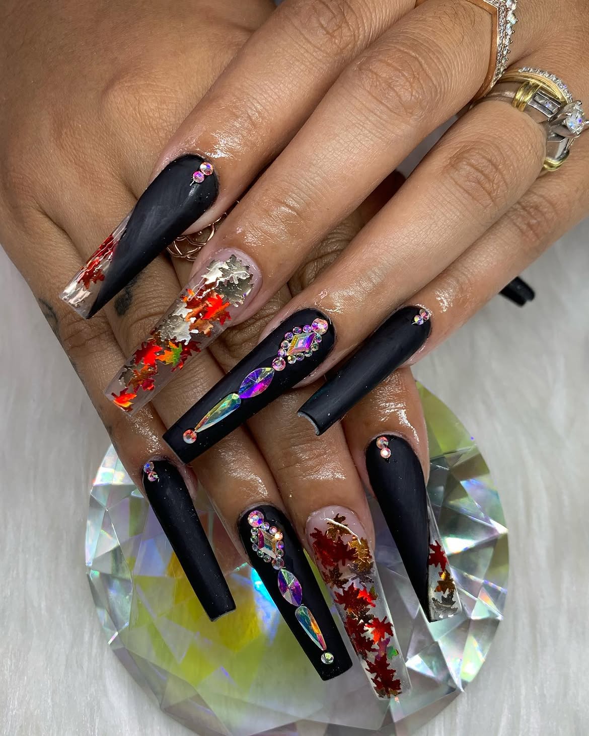 Matte Black Coffin Nails with Fall Leaf Accents