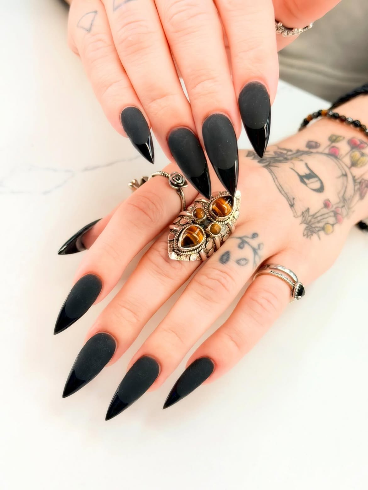 Matte Black Stiletto French Tip Nails