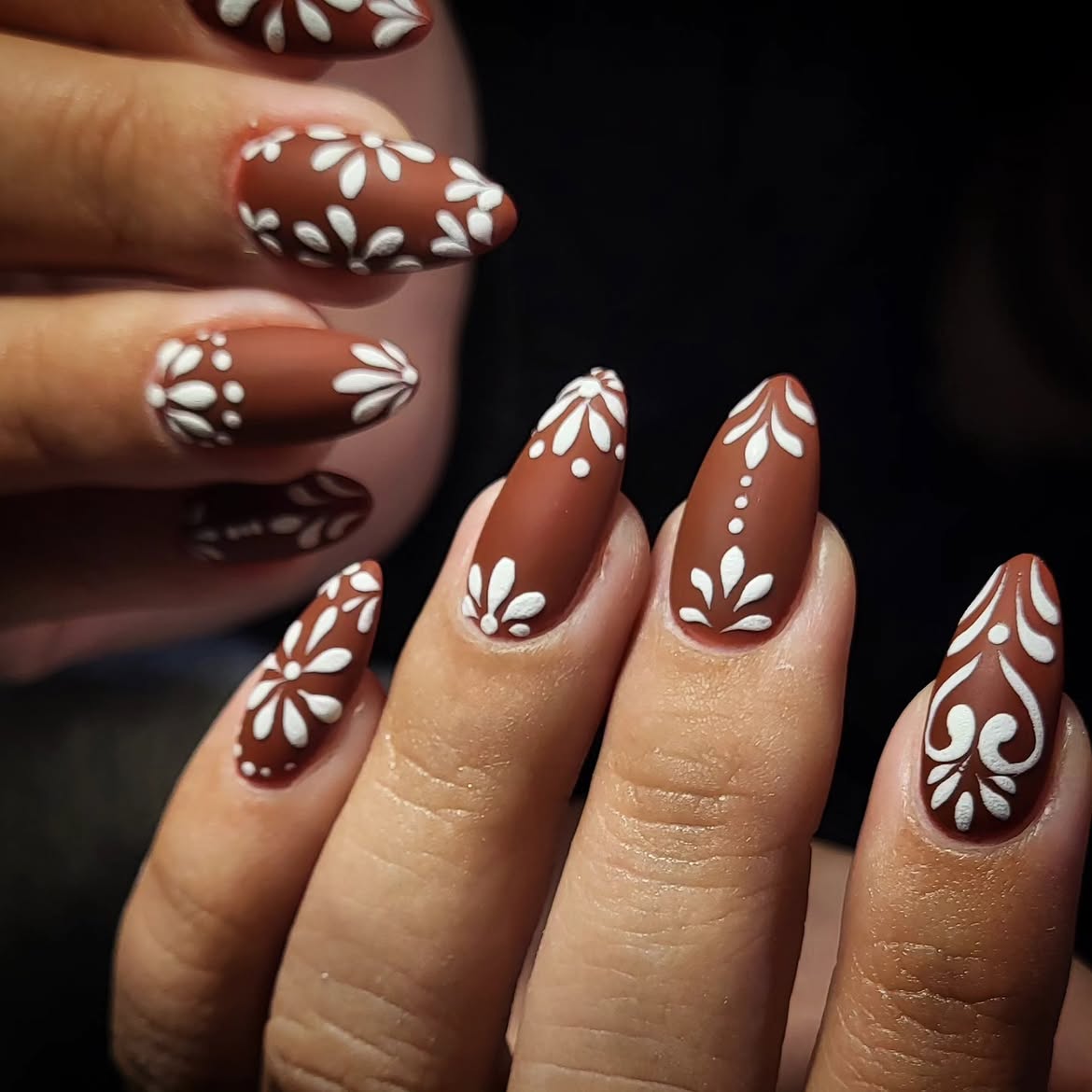 Matte Brown Floral Almond Nails