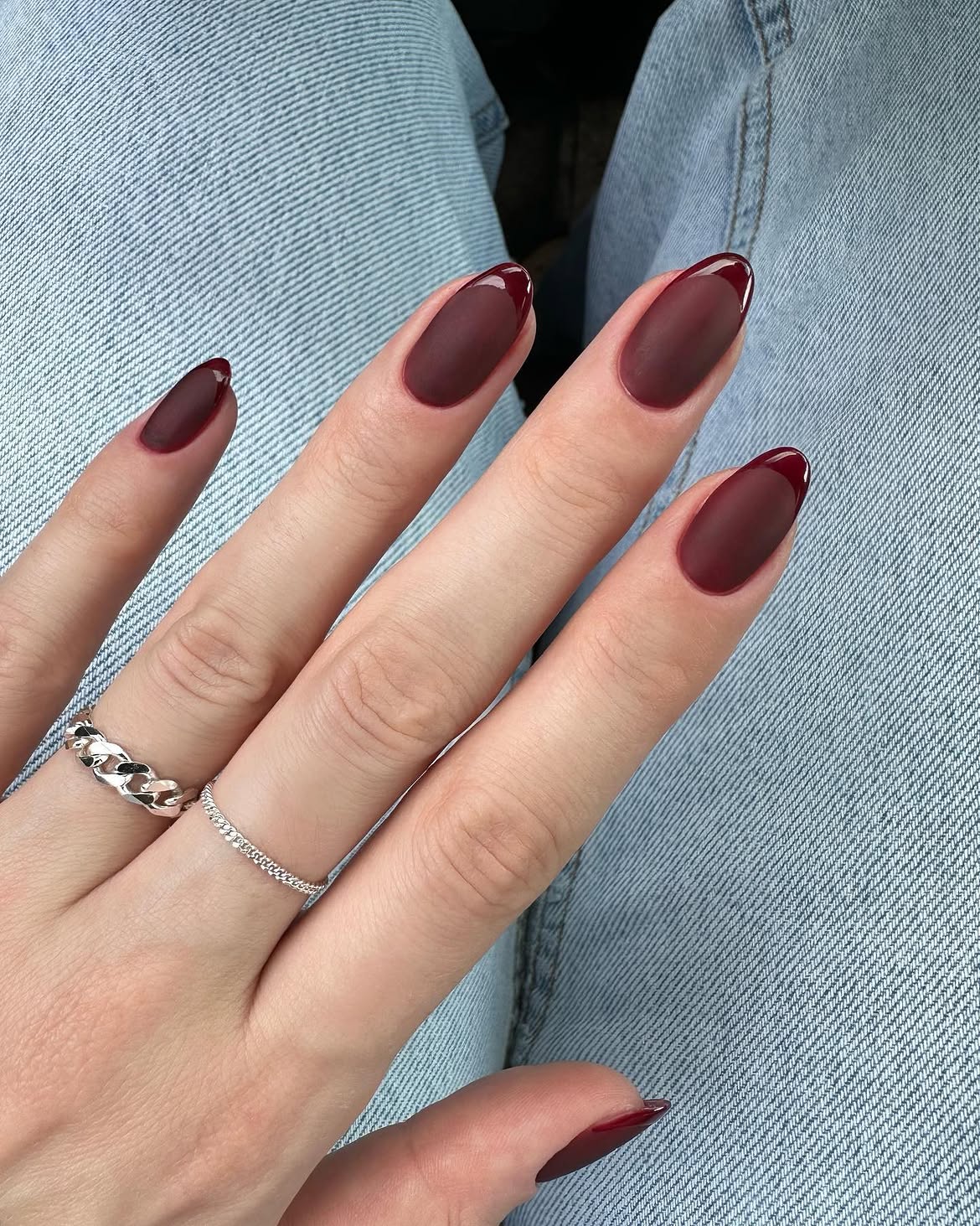 Matte Burgundy French Tip Almond Nails