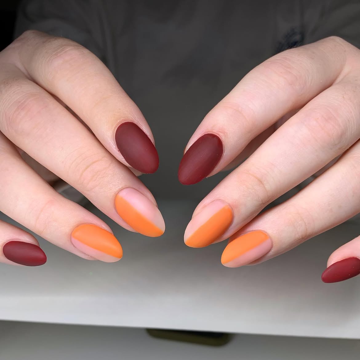 Matte Burgundy & Peach Color Block Almond Nails