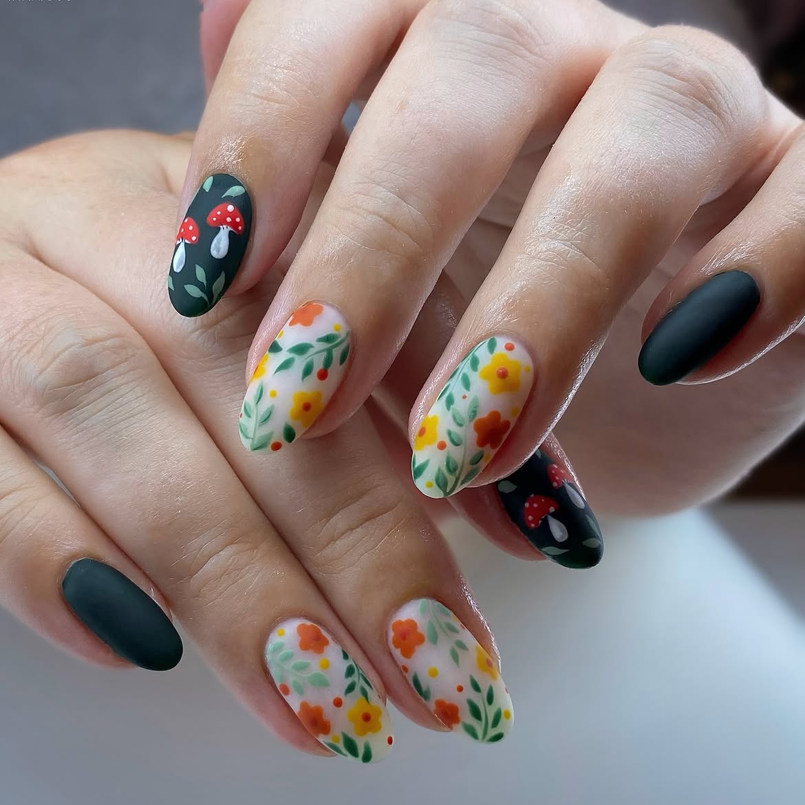 Matte Forest Mushroom and Floral Oval Nails