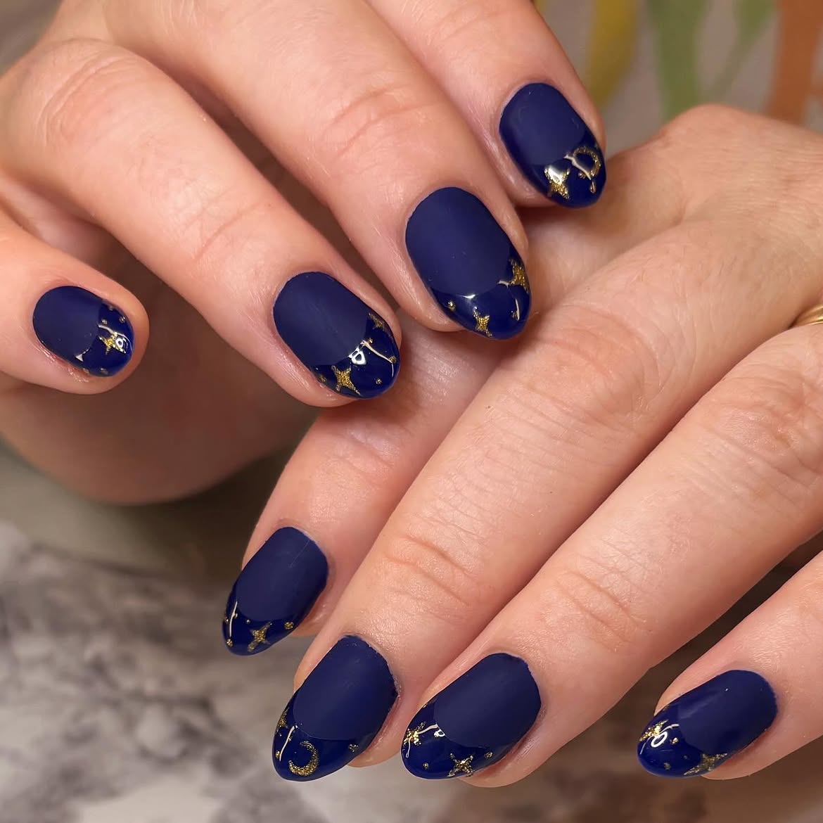 Matte Navy Celestial Almond Nails