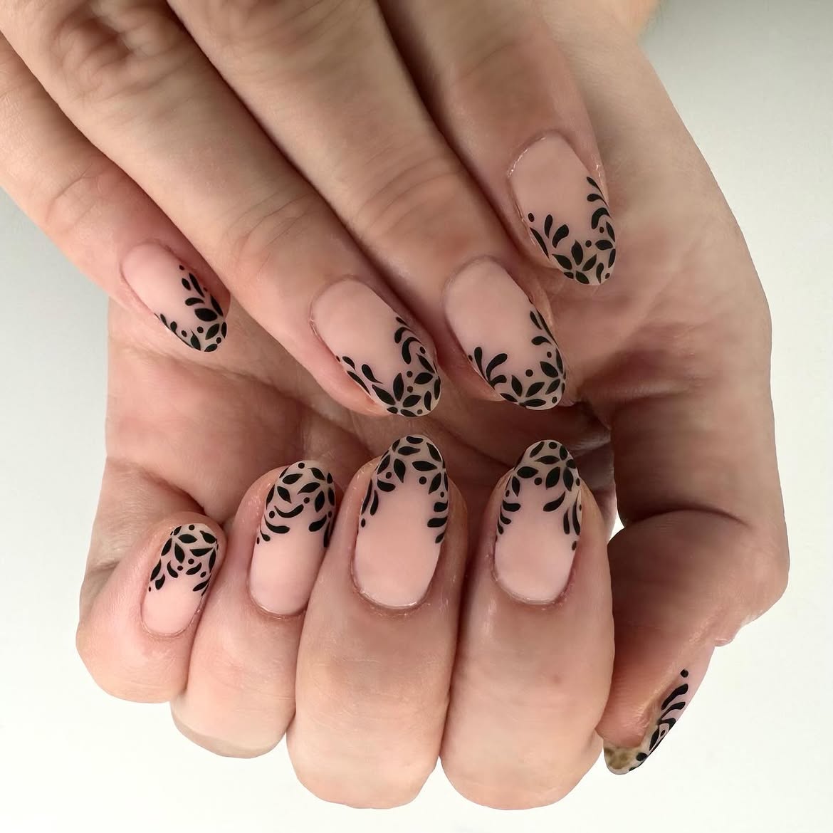 Matte Nude with Black Floral Lace Accents