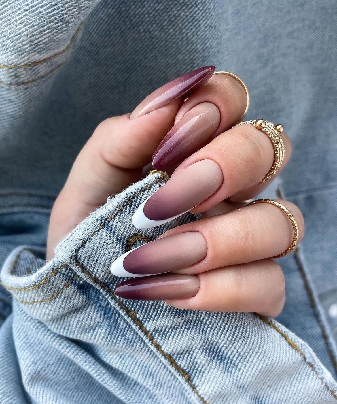 Matte Ombre Almond French Tips with Burgundy Fade