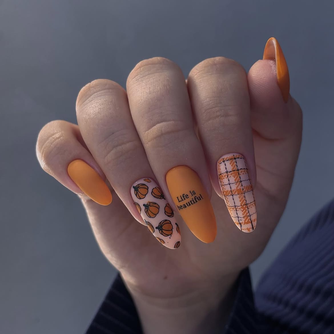 Matte Orange Pumpkin Plaid Almond Nails
