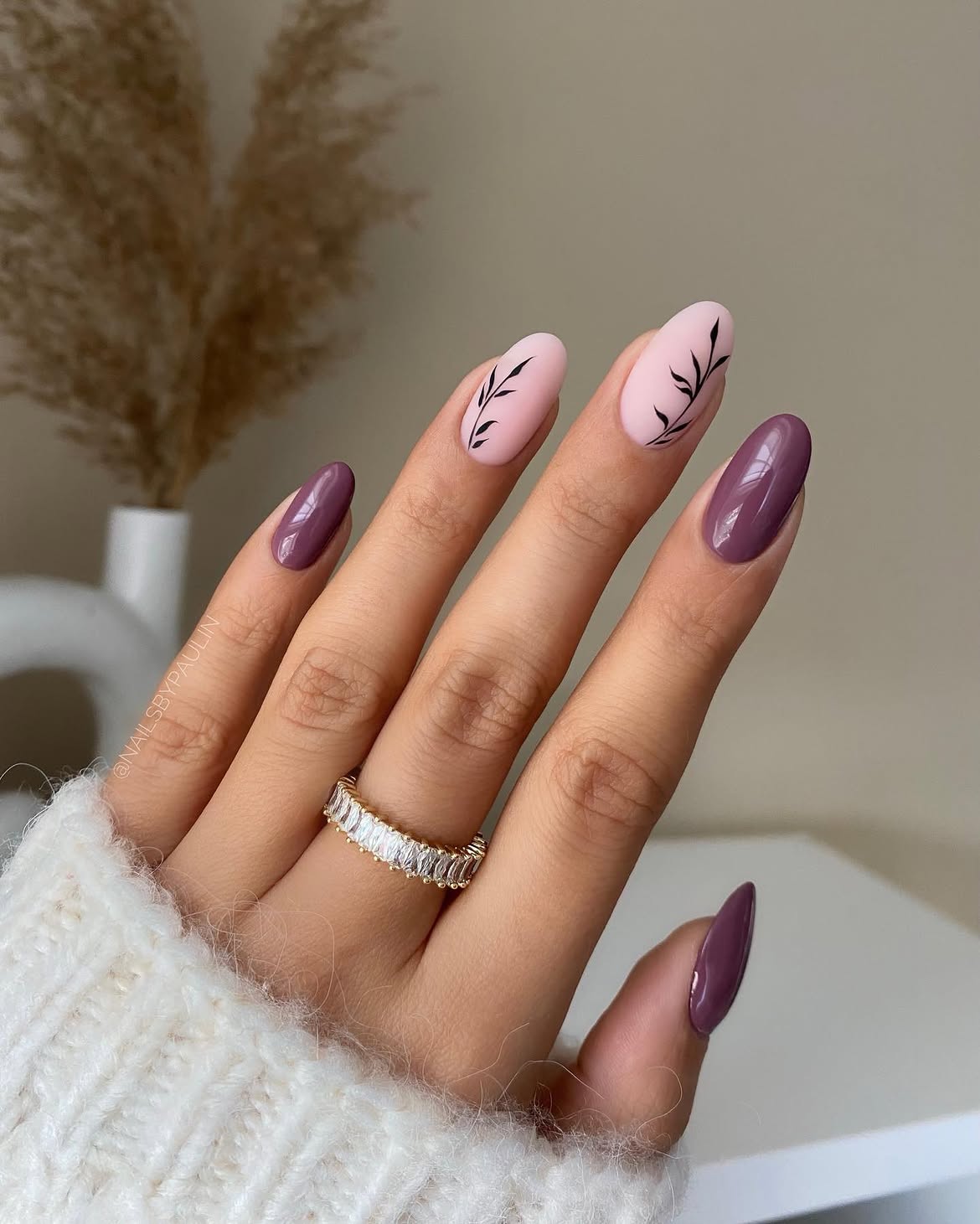 Matte Pink Floral Almond Nails with Plum Accents