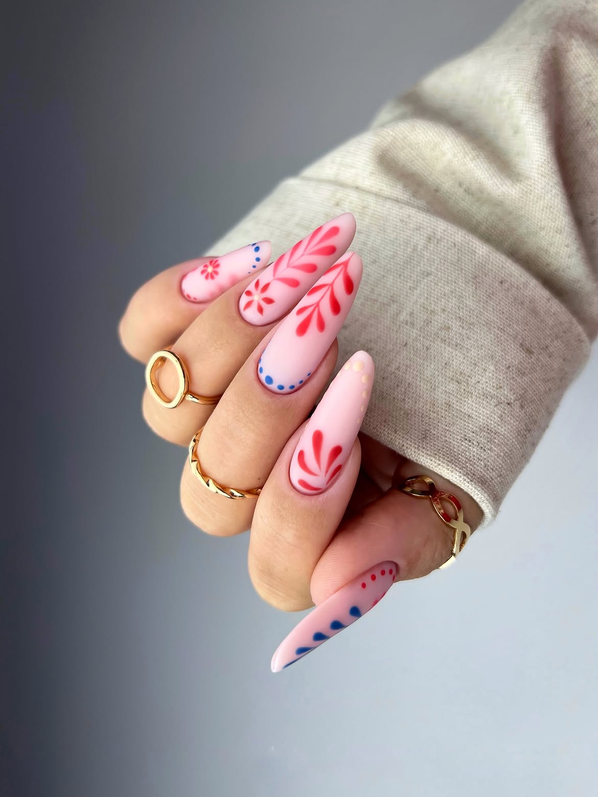 Matte Pink Folk Art Floral Almond Nails
