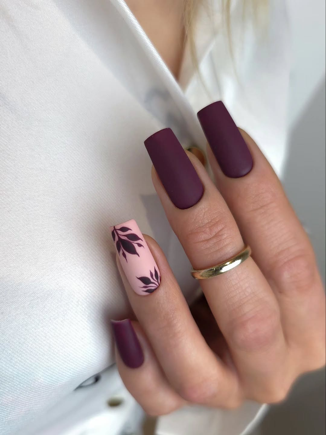 Matte Plum With Pink Leaf Accent Nails