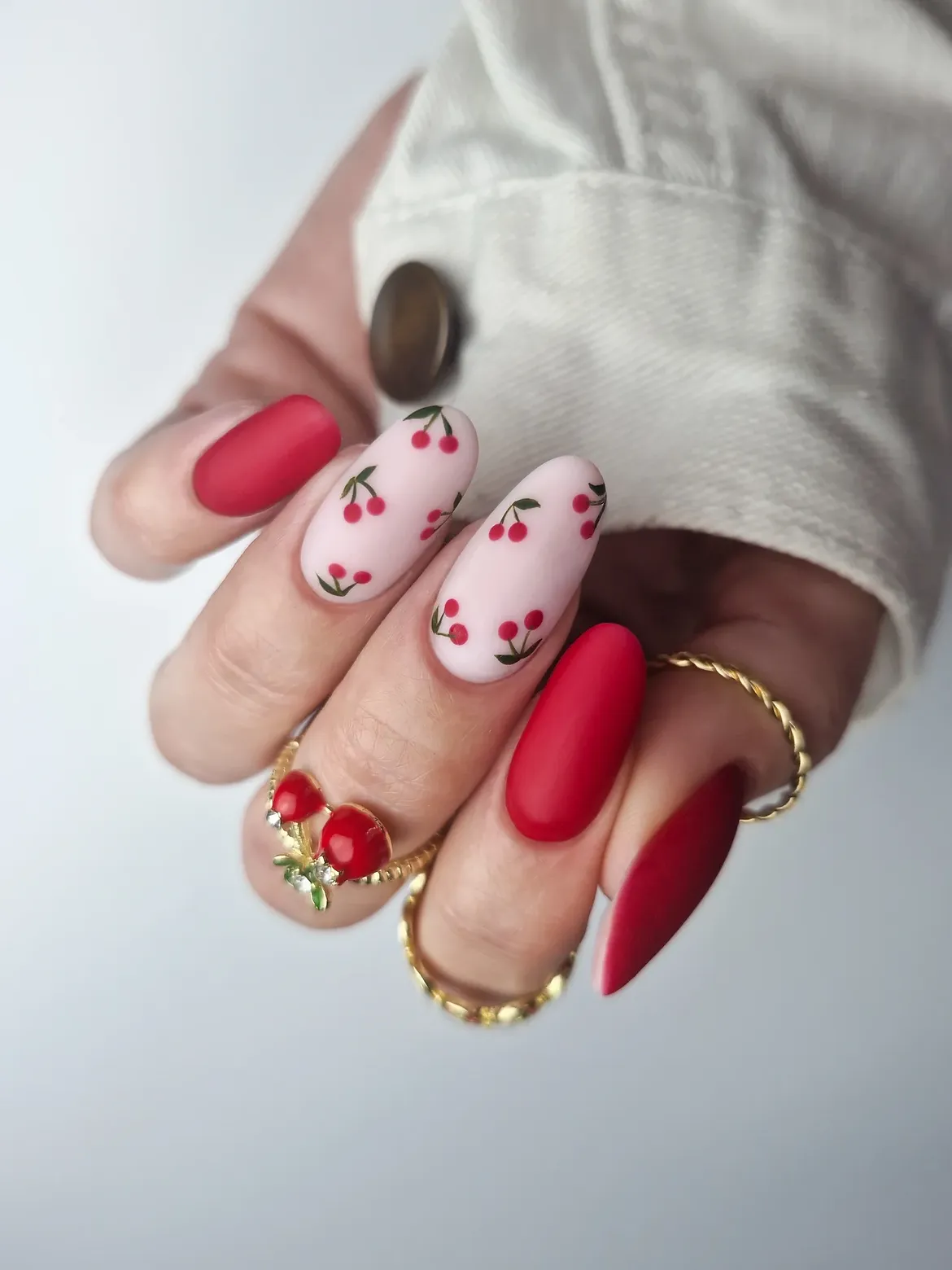 Matte Red & Cherry Print Almond Nails