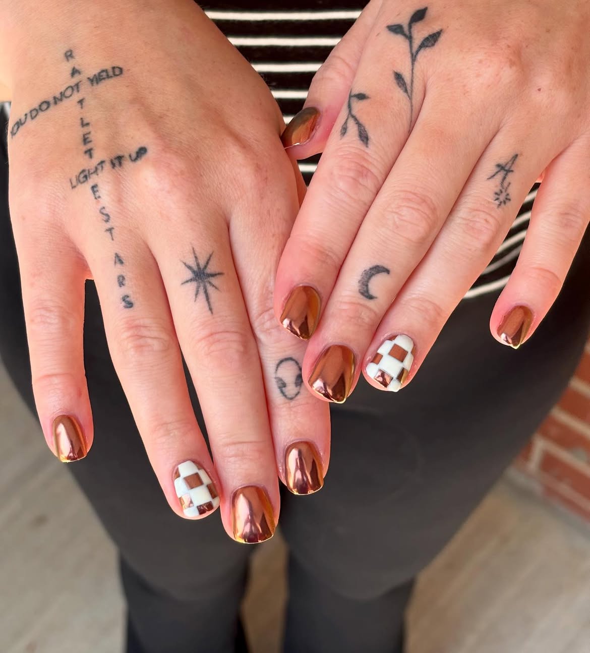 Metallic Copper Chrome Checkerboard Nails