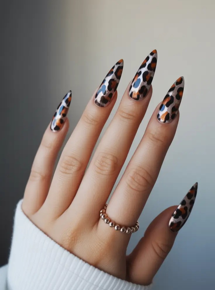 Metallic Leopard Print Stiletto Nails