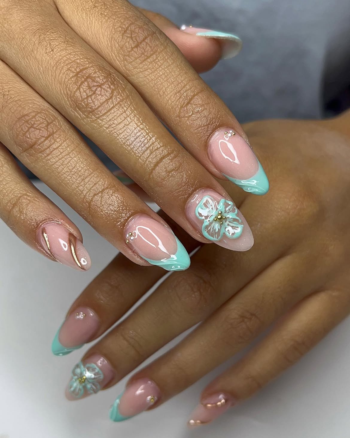 Mint French Tips with 3D Flowers and Pearls