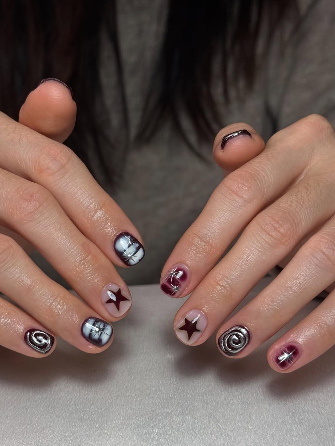 Mixed Media Dark Cherry Star Swirl Nails