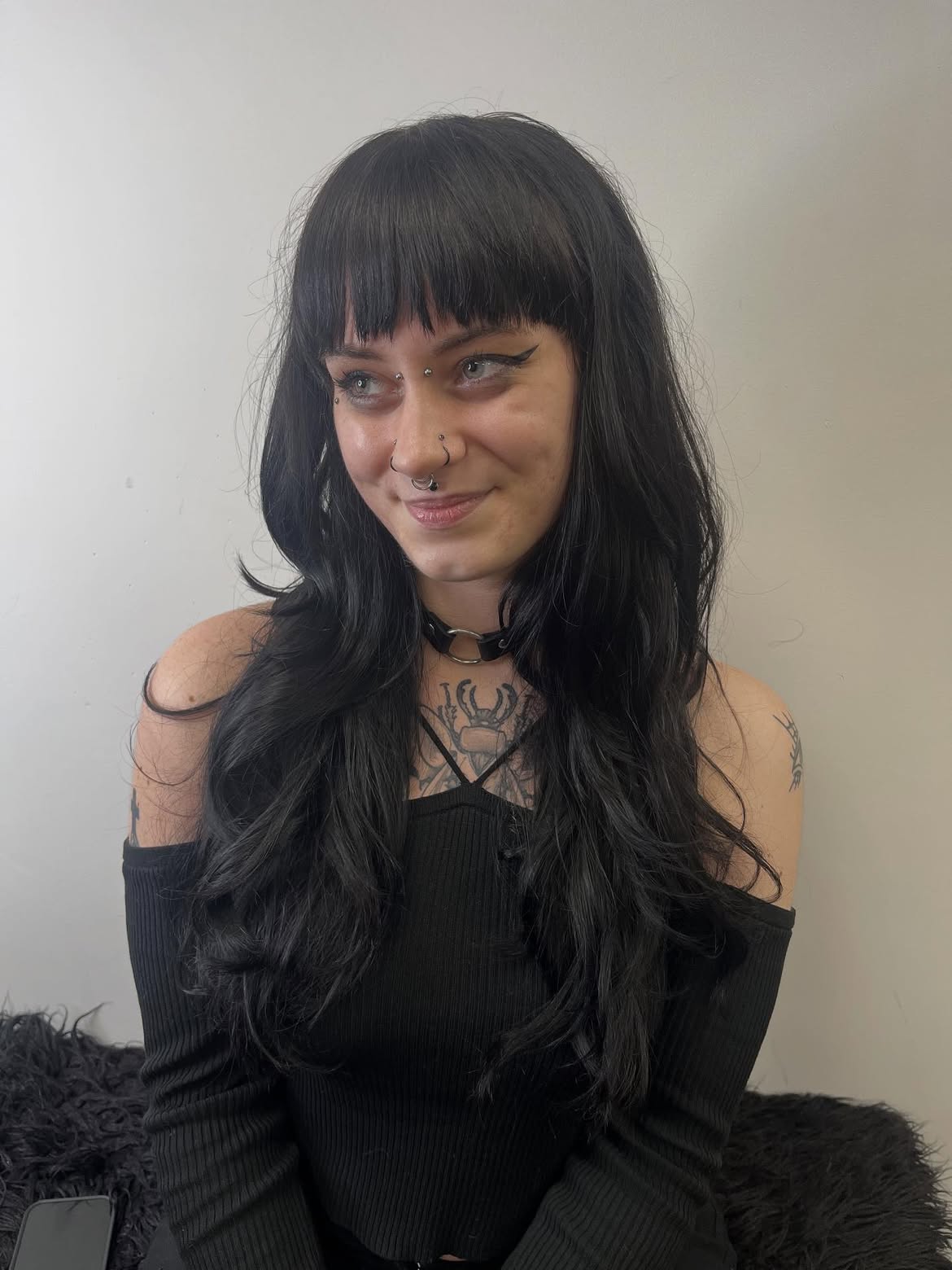 Modern Black Witchy Waves with Blunt Bangs