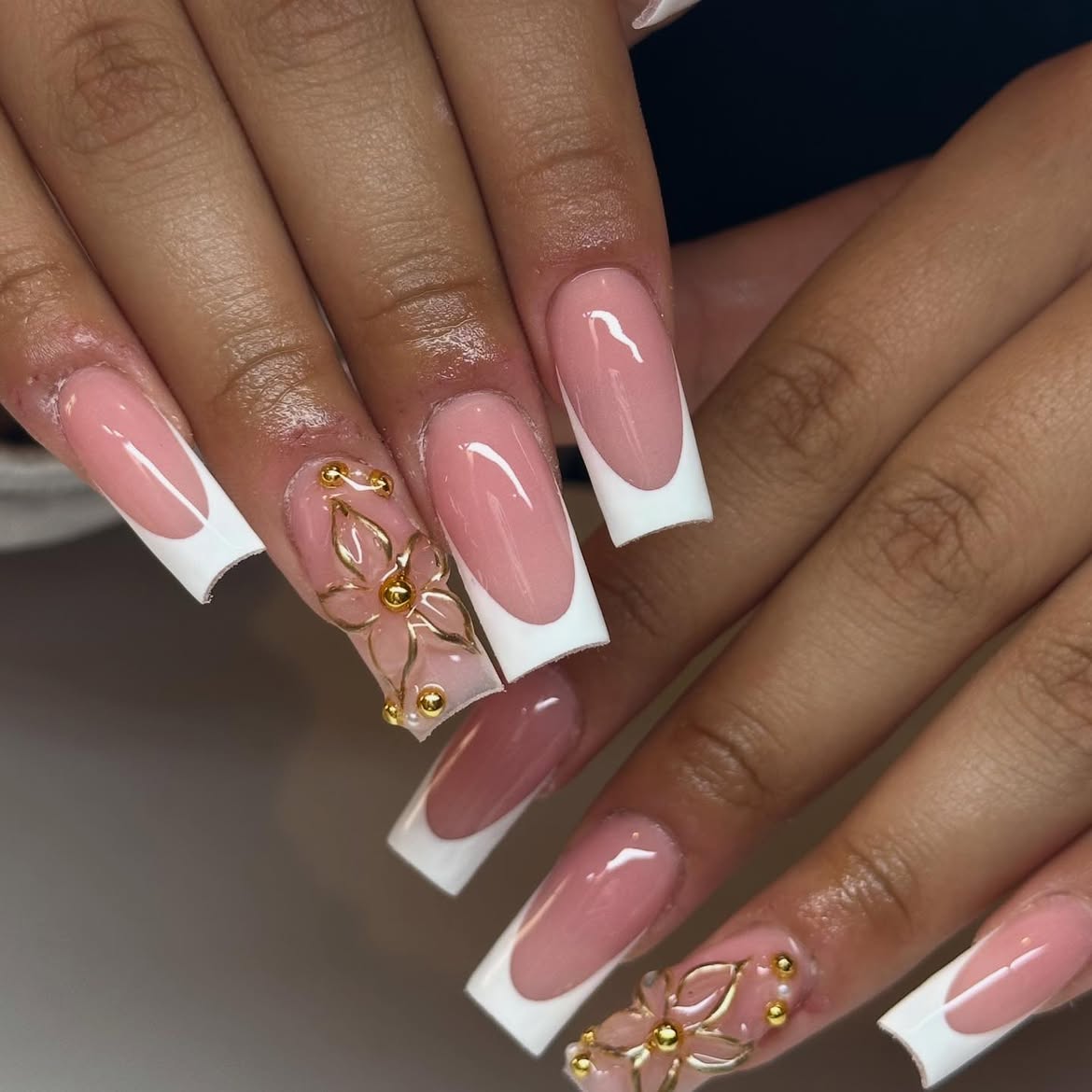 Modern French Tips With 3D Gold Flower Accents