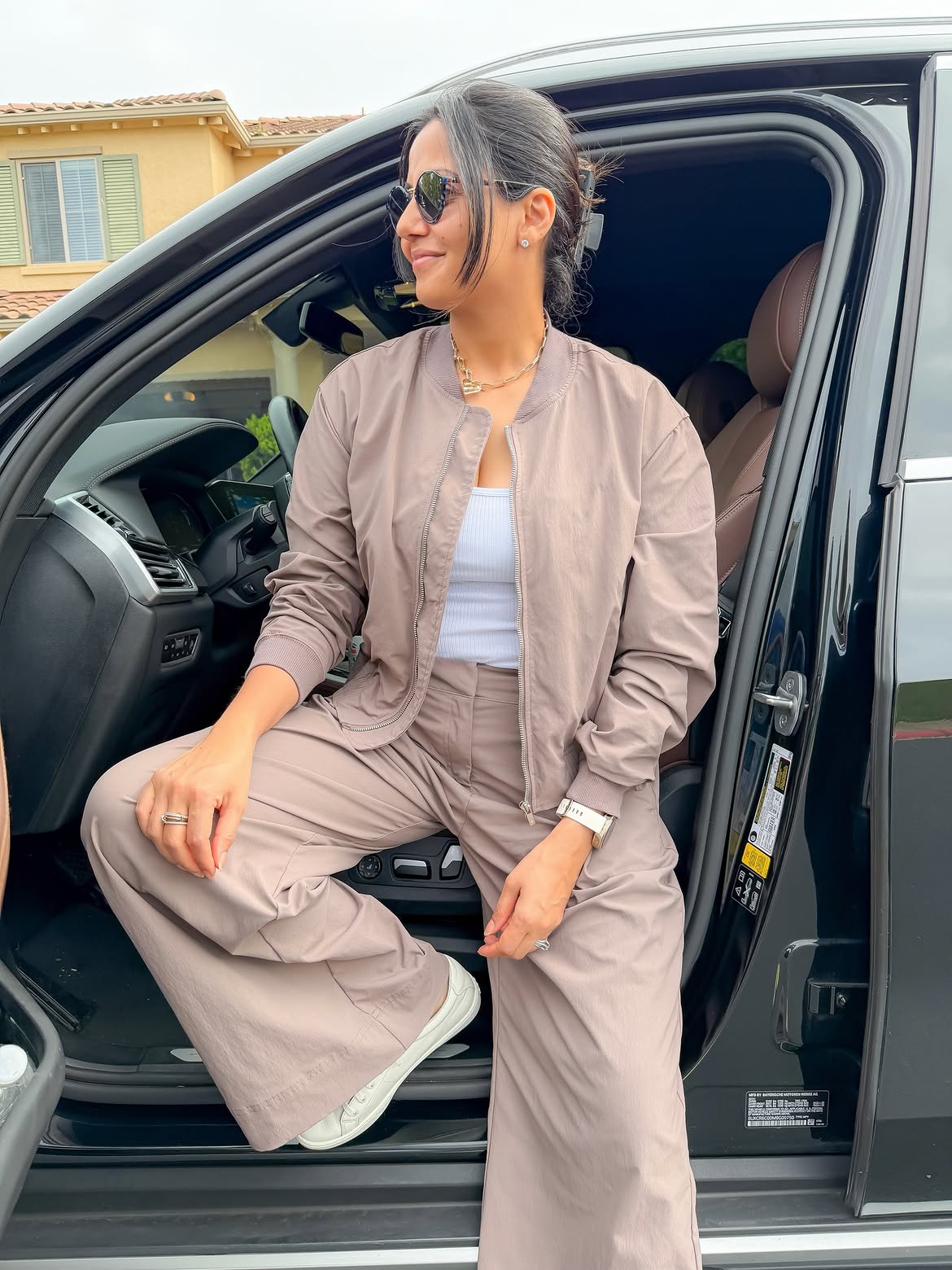 Monochrome Beige Bomber Jacket & Wide Leg Pants Set