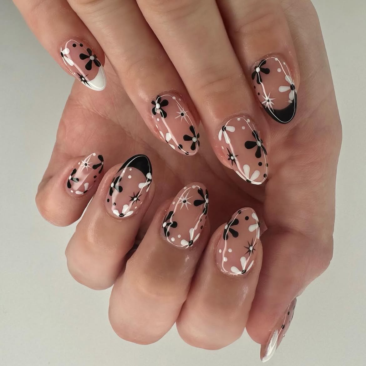 Monochrome Daisy French Tip Oval Nails