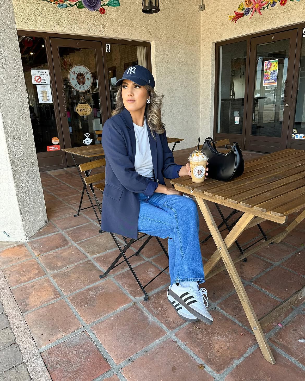 Navy Blazer With Straight Leg Jeans And Sneakers
