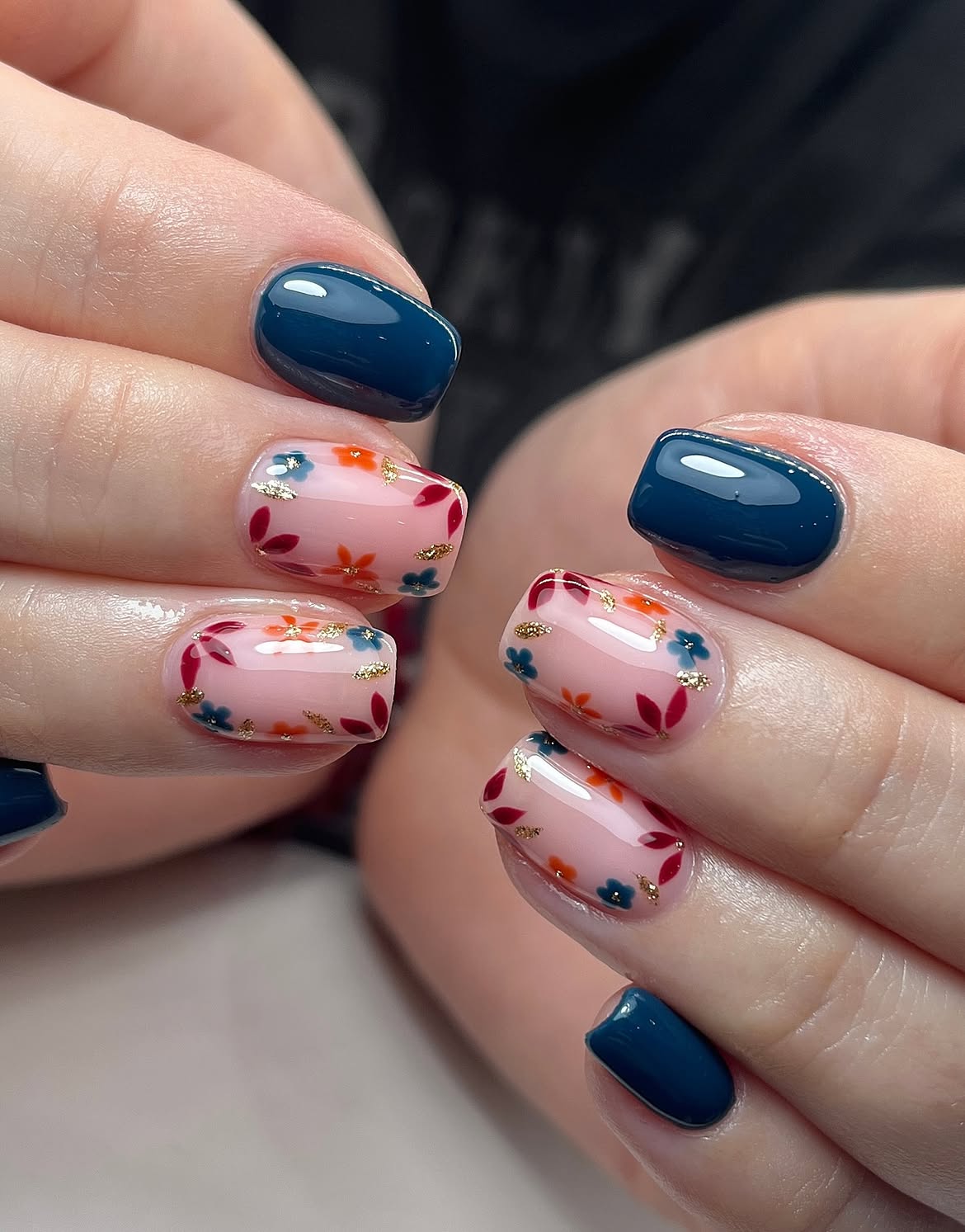 Navy Blue With Pink Floral Accent Nails