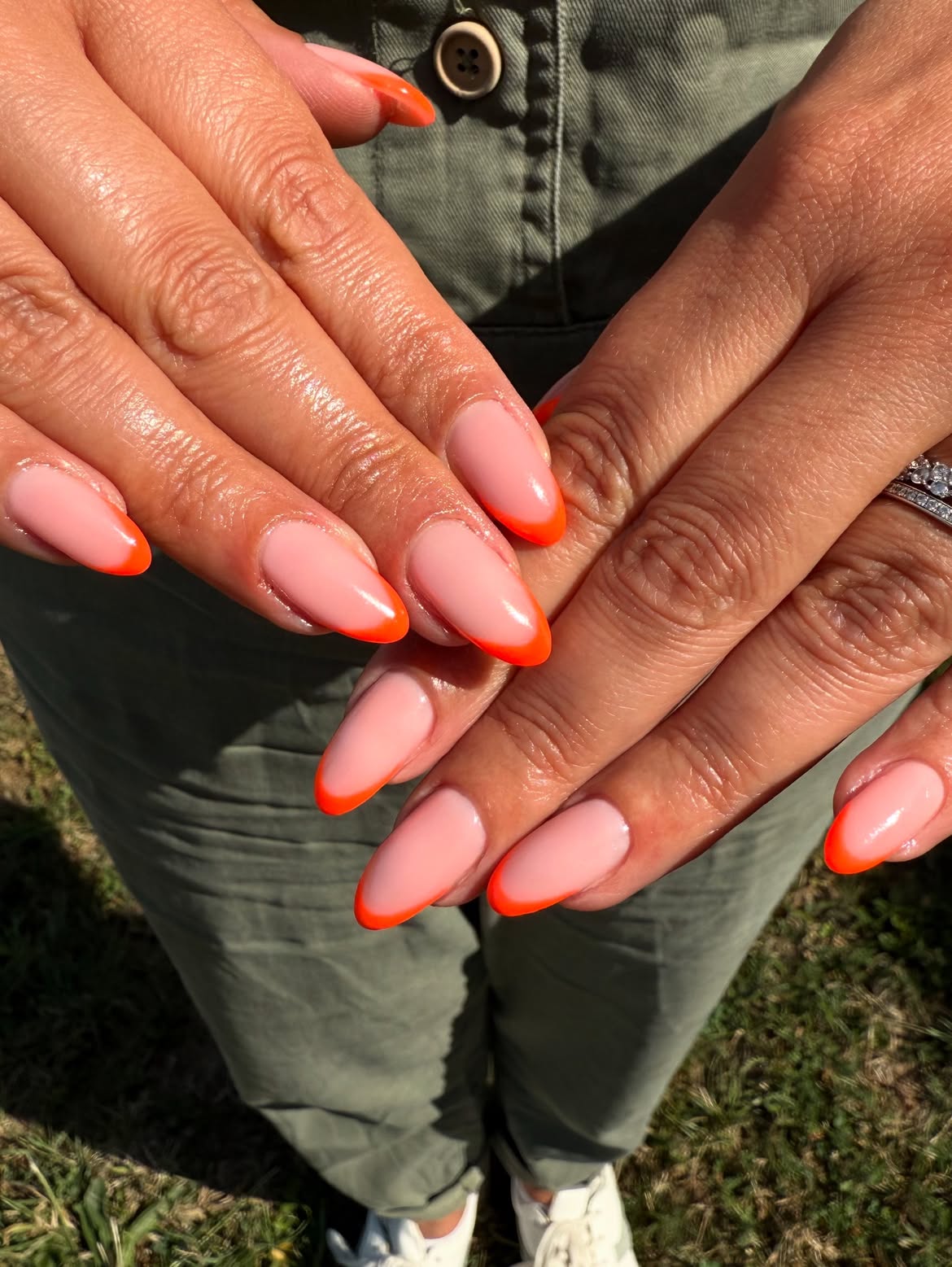 Neon Orange Edge French Almond Nails