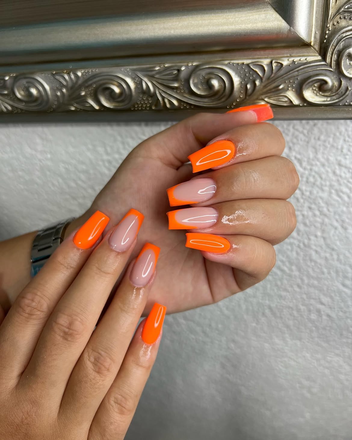 Neon Orange French Tip Coffin Nails