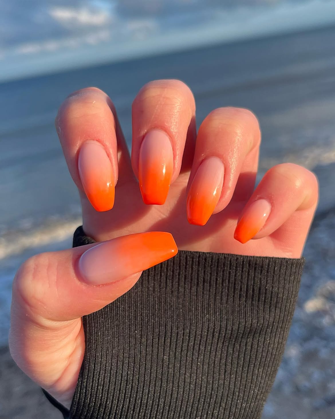 Neon Orange Ombre Glossy Coffin Nails